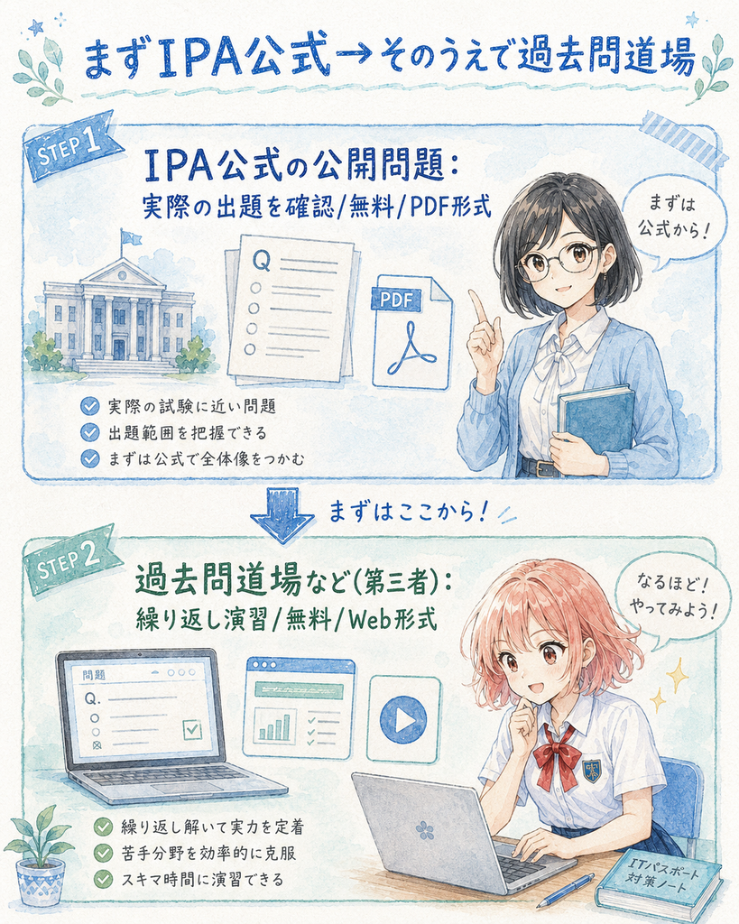IPA公式の公開問題と過去問道場など第三者サービスの使い分けを示す図解
