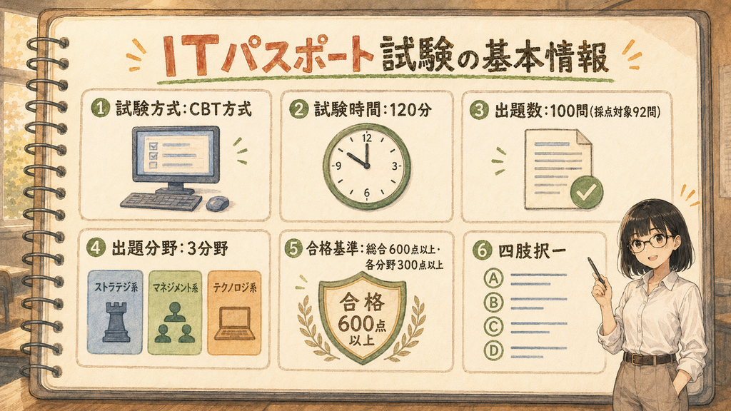 ITパスポートの試験方式・試験時間・出題数・出題分野・合格基準をグリッドで整理した図解