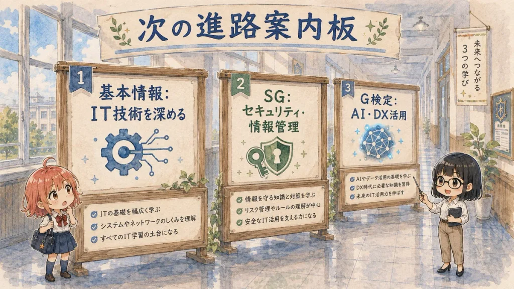 基本情報・情報セキュリティマネジメント試験(SG)・G検定の3方向を校内進路案内板として比較する図解
