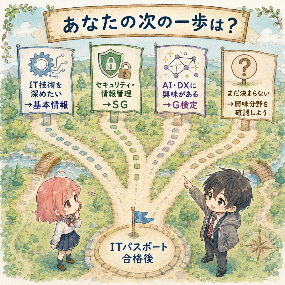 ITパスポートの次に検討する資格を目的別に診断する分かれ道の地図、柚木ミオと黒沢レンのミニキャラ付き