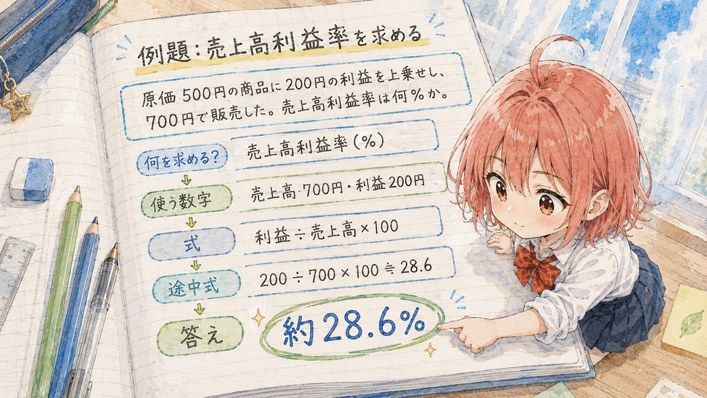 柚木ミオが学習ノートに身を乗り出し、原価500円・利益200円・売上高700円から売上高利益率約28.6%を求める例題を、問題文・何を求める・使う数字・式・途中式・答えの順に手描きで整理したイラスト