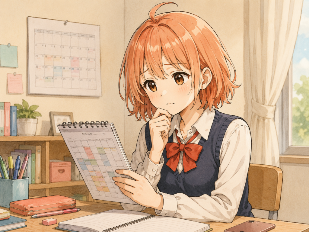 危険物乙4の学習スケジュールを見ながら勉強計画を考える柚木ミオ