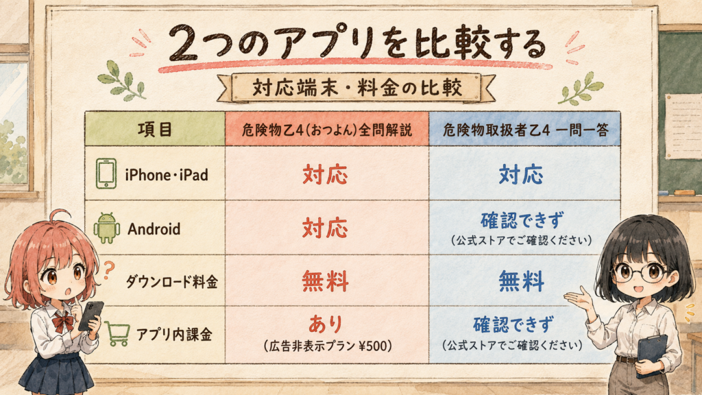 危険物乙4の無料学習アプリ2つの対応端末と料金を比較した図