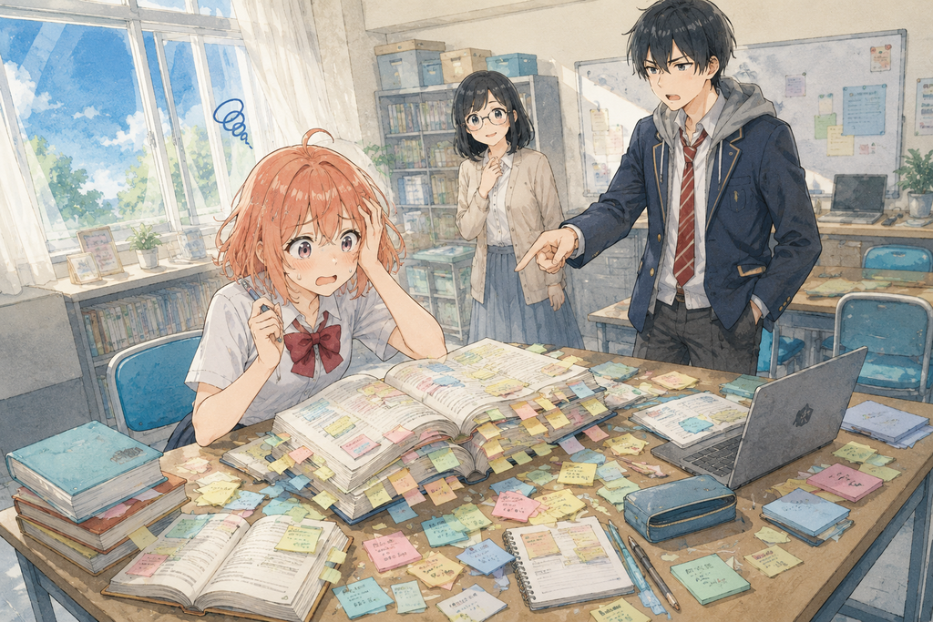 全部覚えてから問題を解こうとして付箋だらけの参考書の前で固まる柚木ミオと、冷静にツッコむ黒沢レン、優しく見守る白鳥ミナ先生