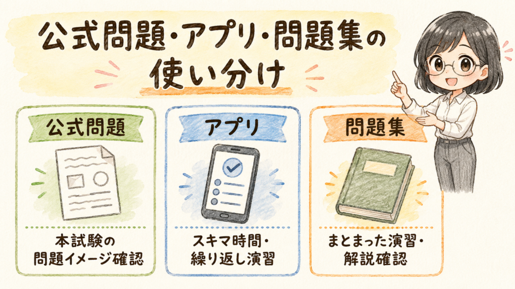 危険物乙4の公式問題・アプリ・問題集の役割の違いを示す図解