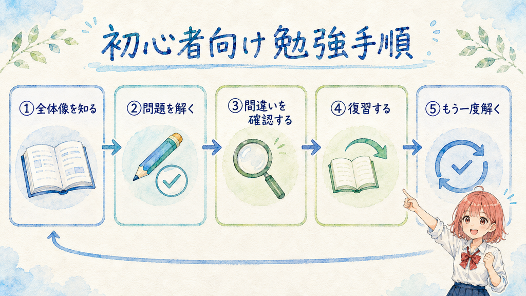 全体像を知る→問題を解く→間違いを確認する→復習する→もう一度解く、という5ステップを示した図解