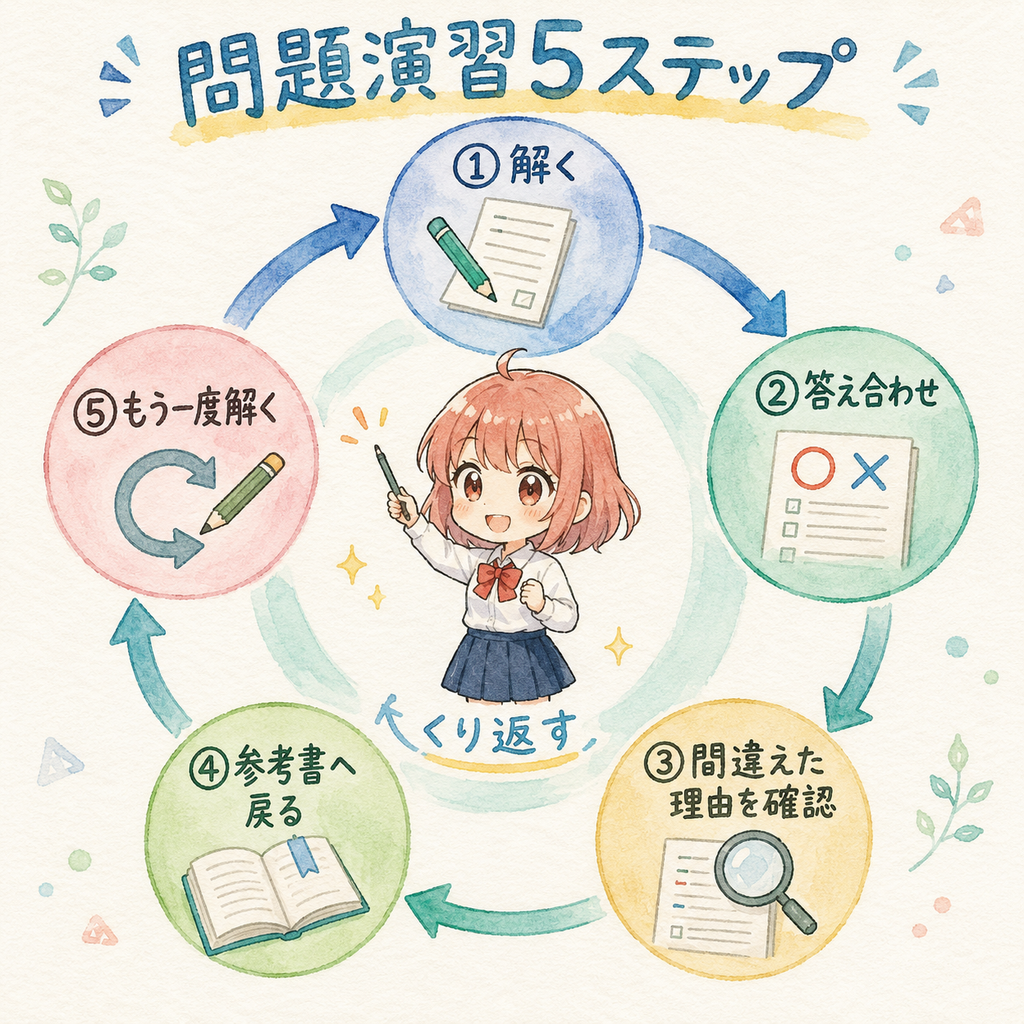 ITパスポートの問題演習5ステップを示す循環図解