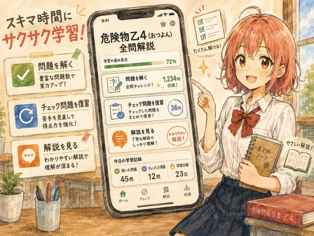 危険物乙4(おつよん)全問解説の問題演習と復習をイメージした図