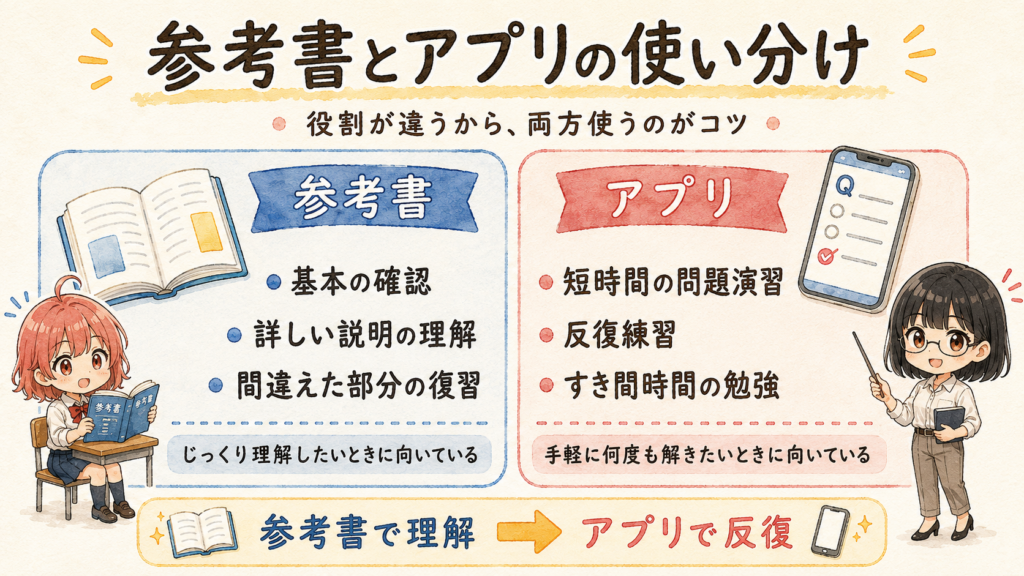 危険物乙4の参考書とアプリの役割分担を示した比較図