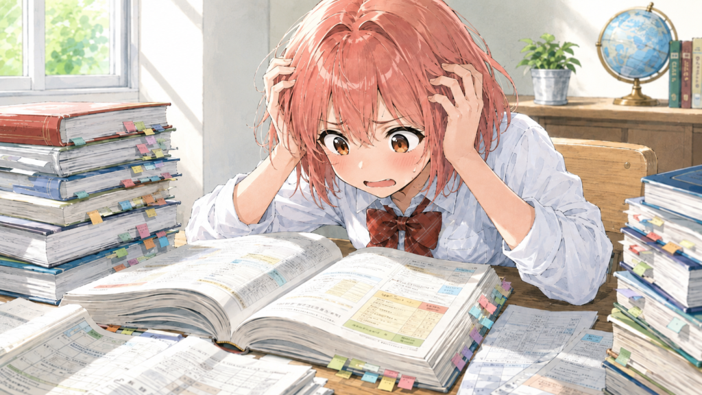 参考書の量に困っている柚木ミオ