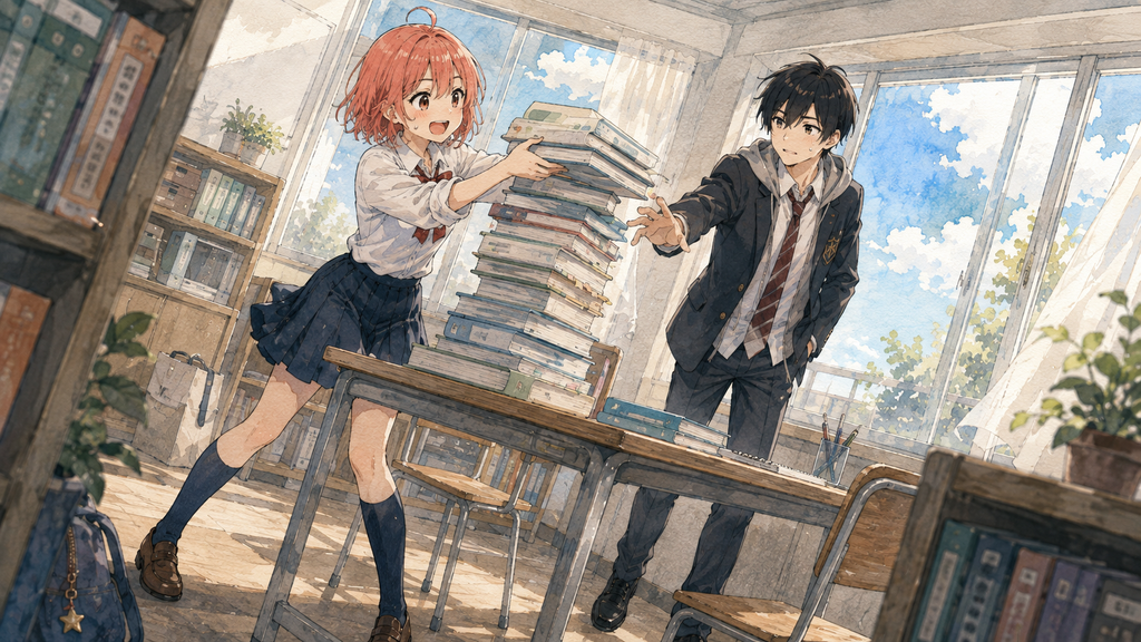 参考書を積み上げようとする柚木ミオを、黒沢レンが止めようとしている学園コメディの場面イラスト