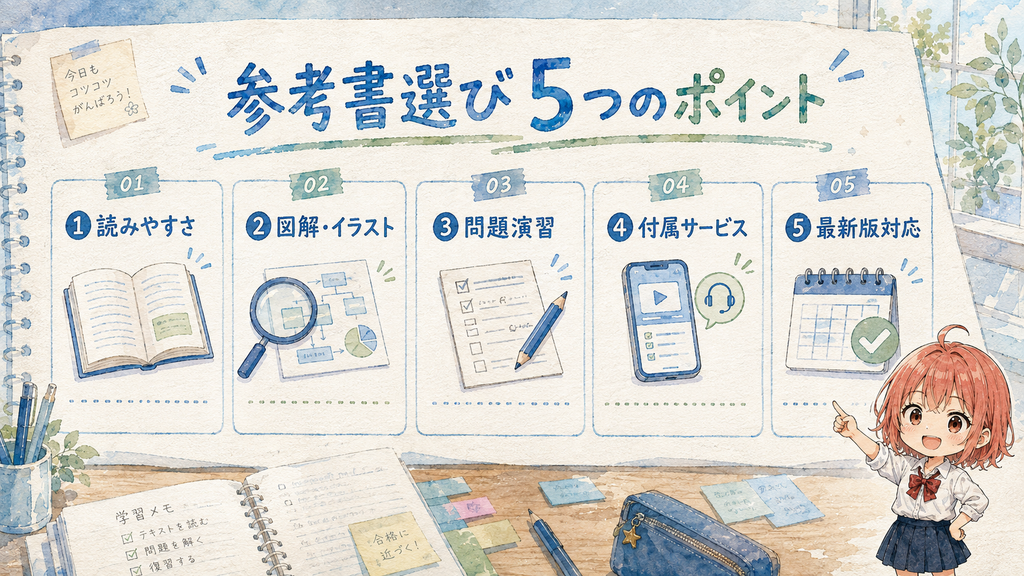 ITパスポート参考書を選ぶ5つのポイント(読みやすさ・図解・問題演習・付属サービス・最新版対応)を示す図解
