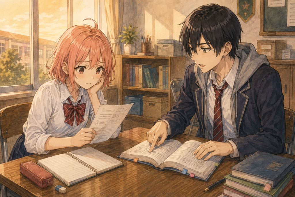 問題を間違えて困る柚木ミオに、参考書の該当箇所を指しながら教える黒沢レン