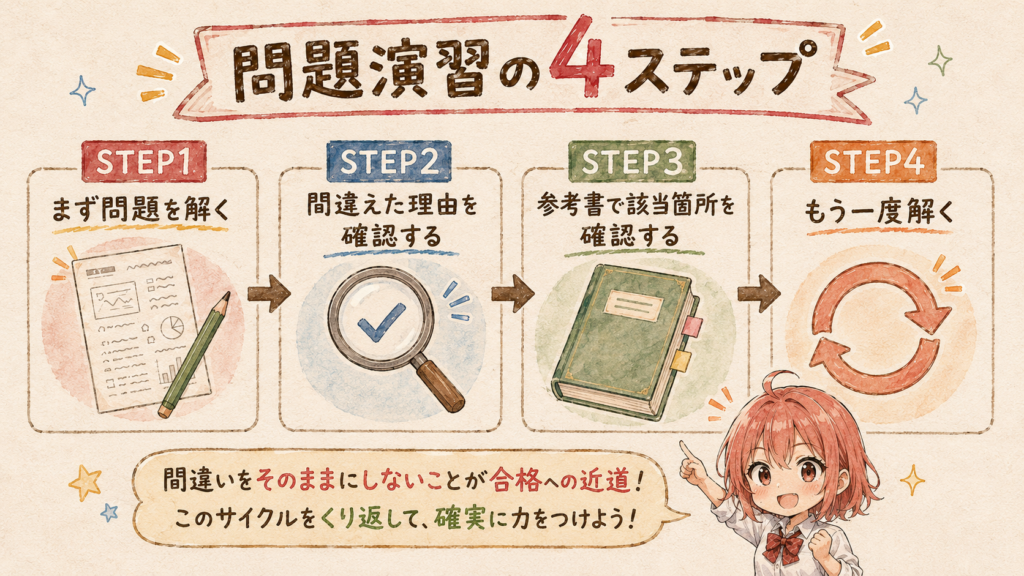 危険物乙4の問題演習の進め方を示す4ステップの図解