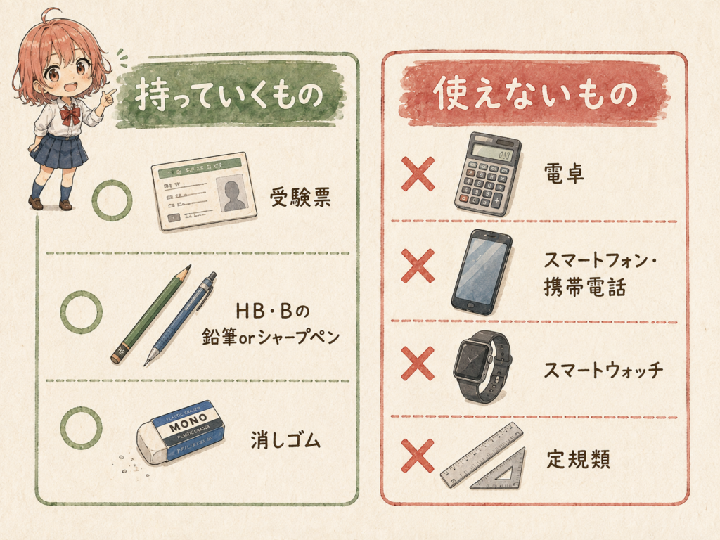 危険物乙4の試験当日に持っていくものと使えないものを比較した図解