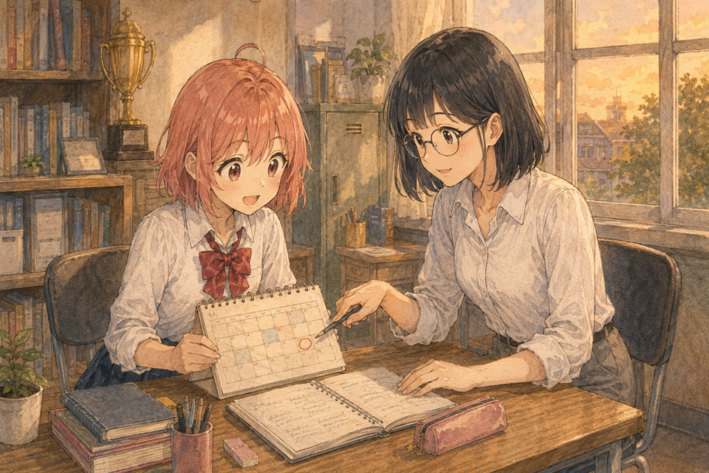 放課後の資格部でカレンダーとノートを見ながら申し込み準備について白鳥ミナ先生に教わる柚木ミオ