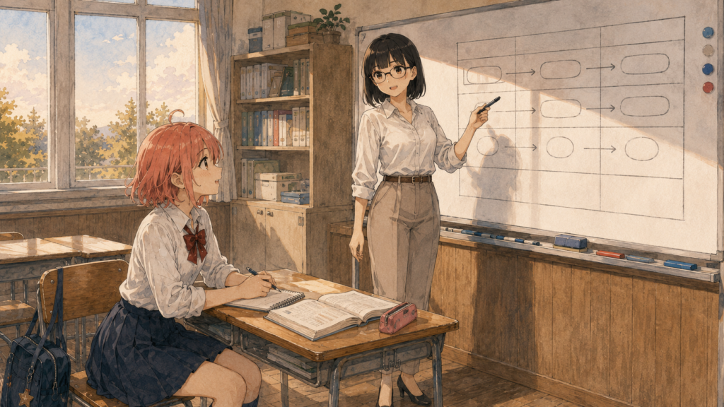 放課後の資格部で、ホワイトボードの比較表を使って白鳥ミナ先生が柚木ミオへ説明している場面イラスト