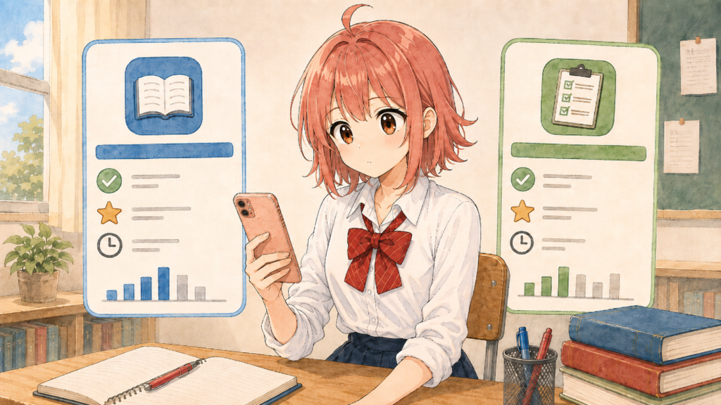 危険物乙4の2つの学習アプリを見比べる柚木ミオ