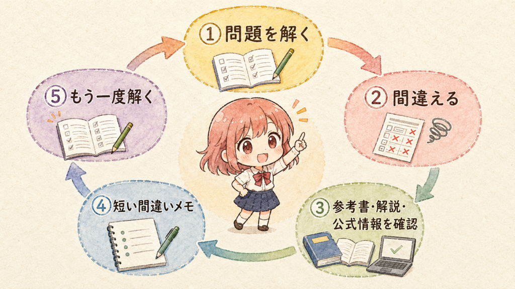 法令の復習サイクルとして、問題を解く、間違える、参考書・解説・公式情報を確認、短い間違いメモ、もう一度解く流れを示した図解