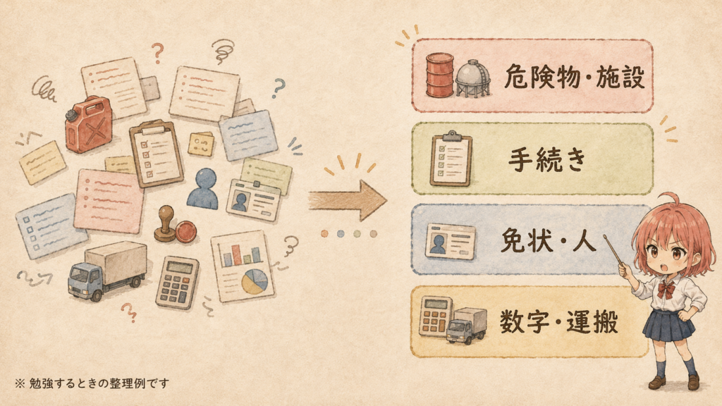 危険物乙4の法令を、危険物・施設、手続き、免状・人、数字・運搬の4つに分けて整理する学習用の図解