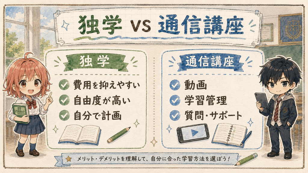 ITパスポートの独学と通信講座を比較する図解、費用・自由度・動画・学習管理・質問サポートの違いを示したもの