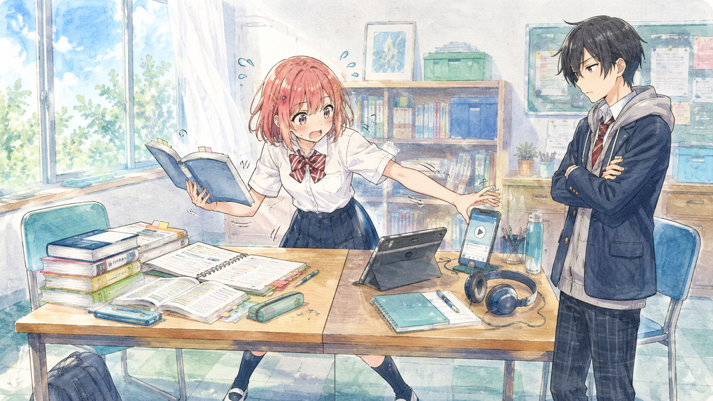 独学セットと通信講座セットの両方を同時に使おうとして忙しくなる柚木ミオと、それを呆れて見る黒沢レンの学園コメディ