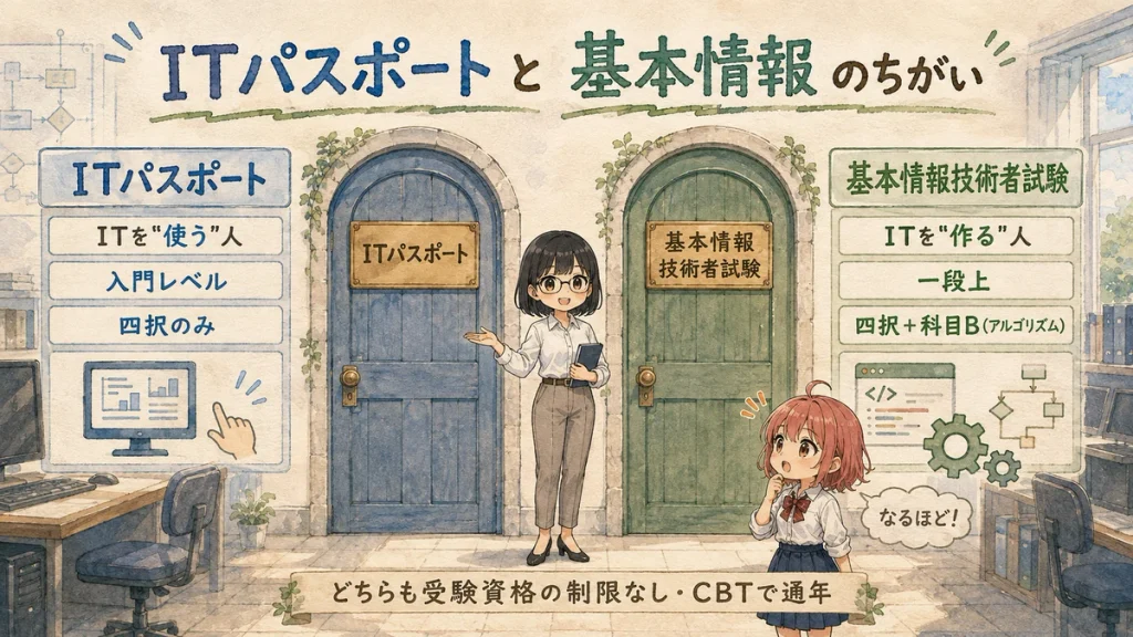 ITパスポート試験と基本情報技術者試験の違いを2つの扉で比較する図解