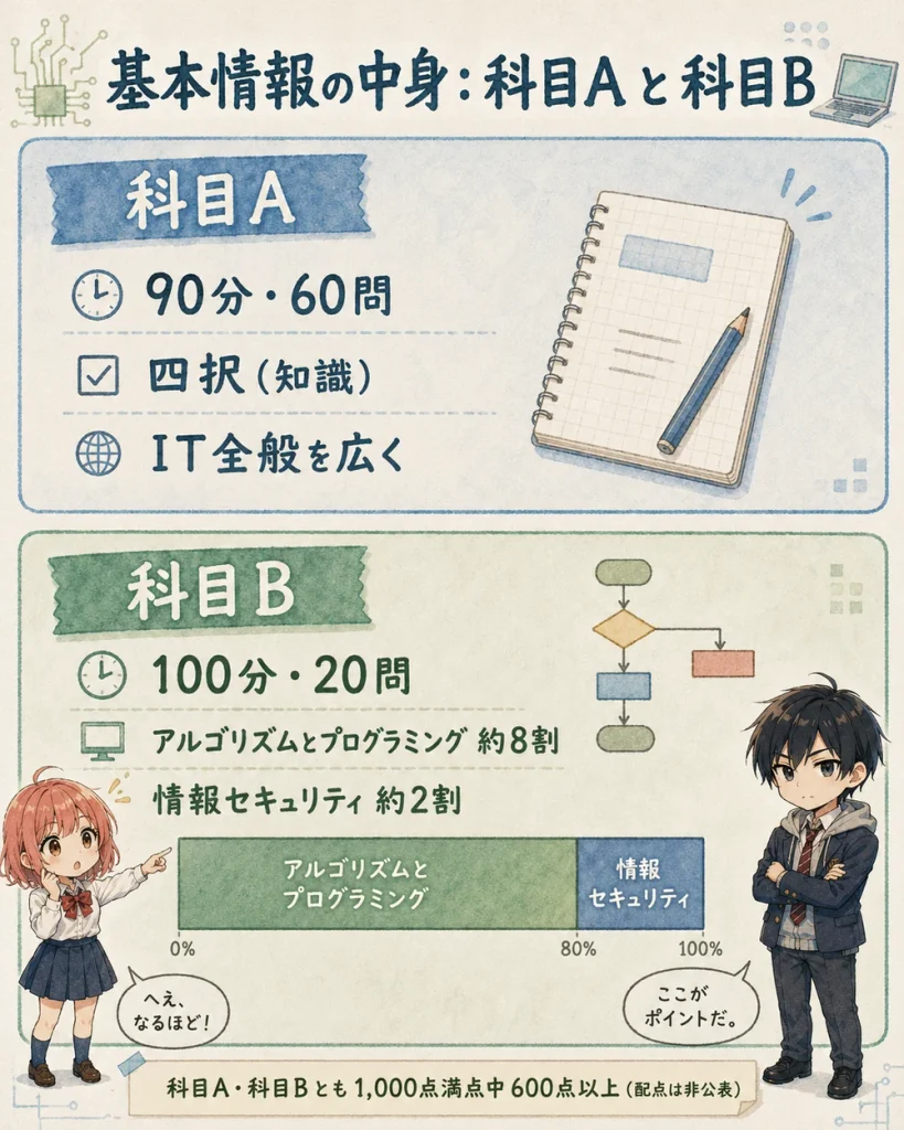 基本情報技術者試験の科目Aと科目Bの試験時間・問題数・出題分野を示す図解