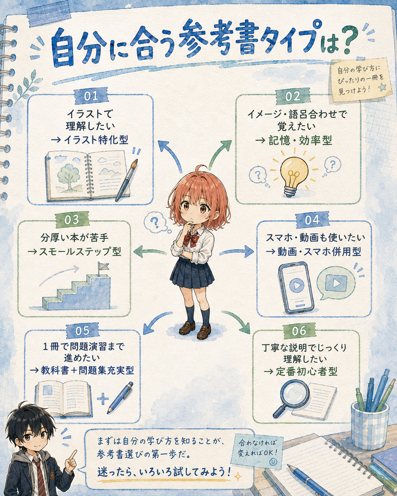 ITパスポート参考書のタイプ診断フローチャート、6つの学習タイプを柚木ミオと黒沢レンが案内する図解