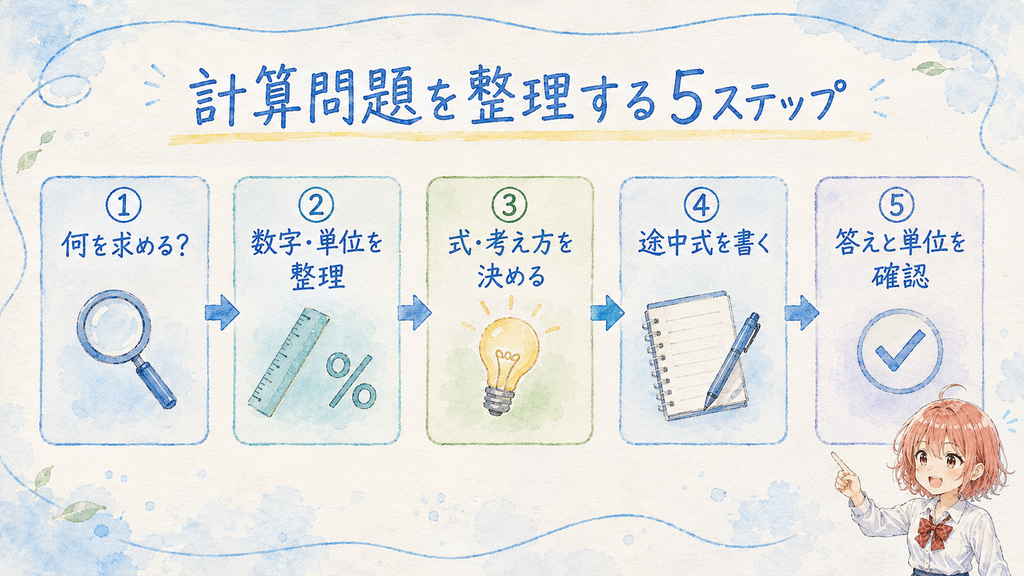 何を求める?→数字・単位を整理→式・考え方を決める→途中式を書く→答えと単位を確認する、という5ステップを示した図解