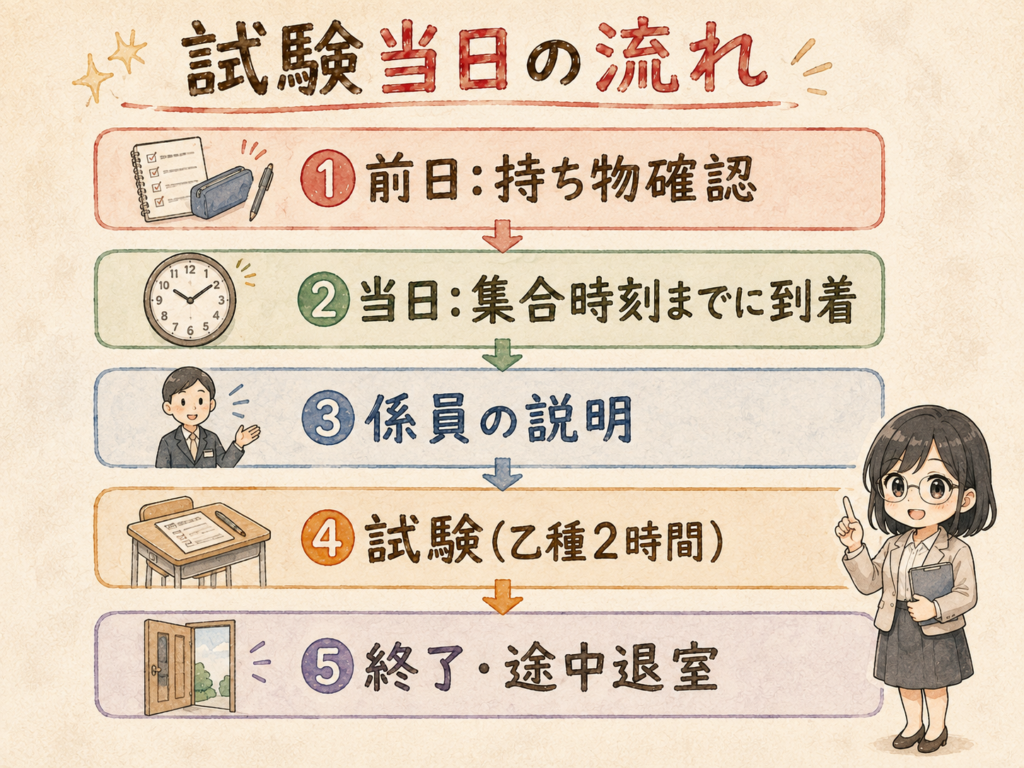 危険物乙4の試験当日の流れを示すフローチャート